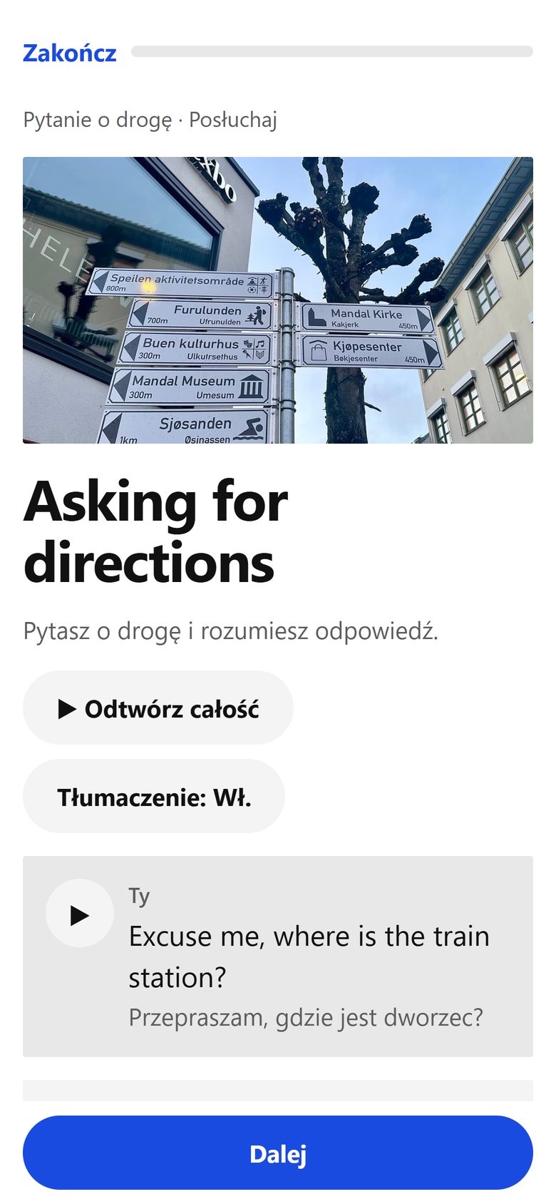 Lekcja: zdjęcie sytuacji, tytuł po angielsku i dialog z tłumaczeniem