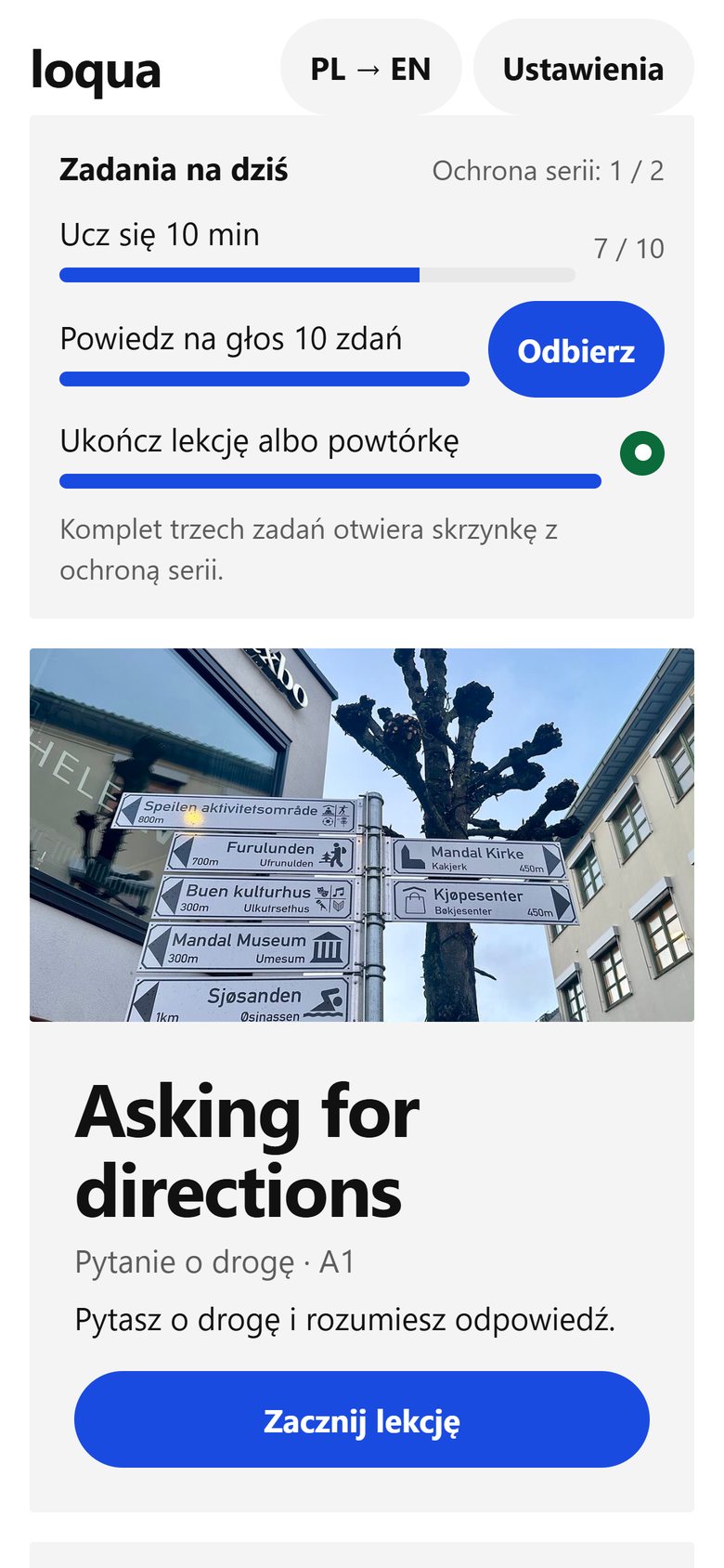 Ekran główny aplikacji: zadania na dziś, postęp i przycisk Odbierz