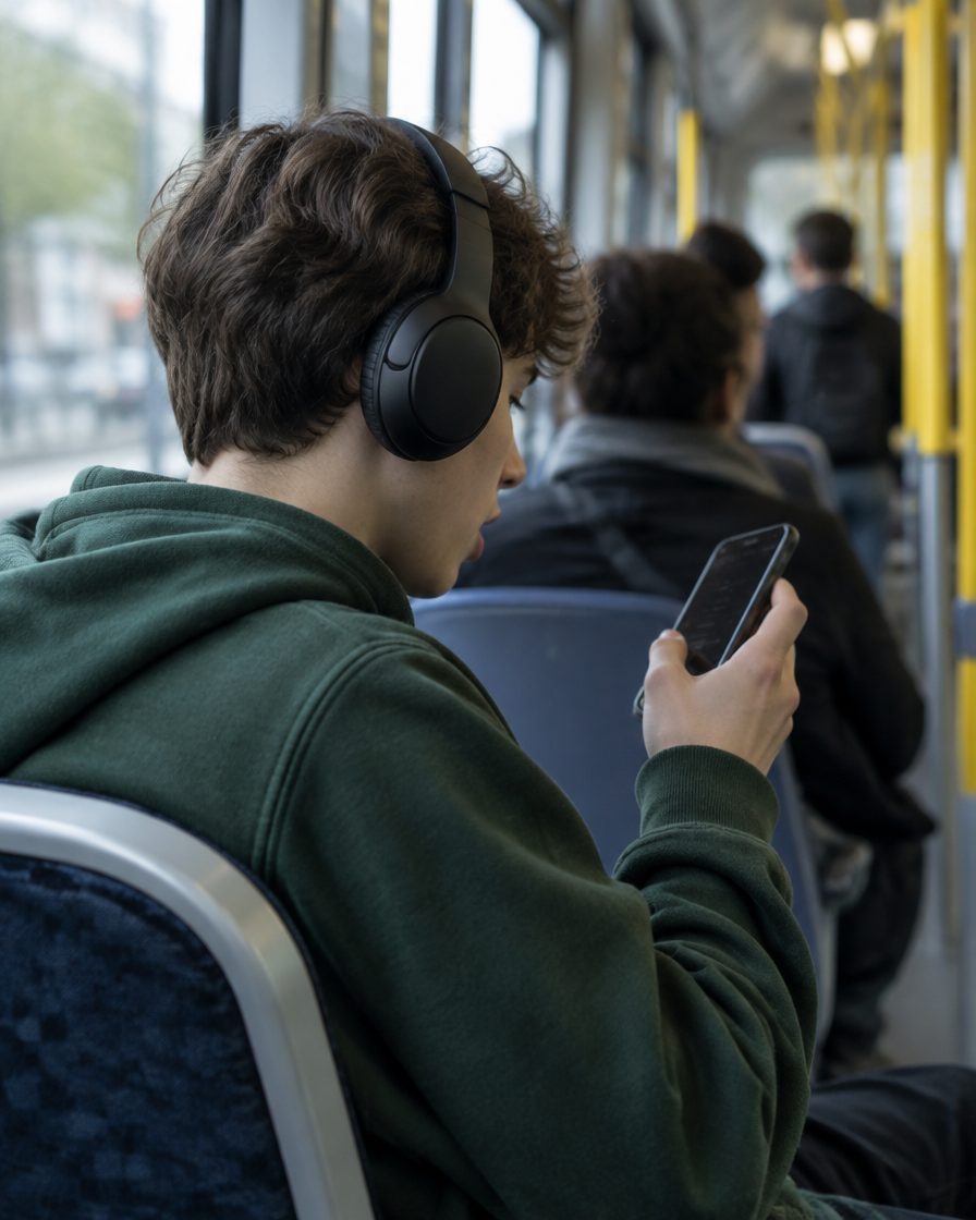 Nastolatek w słuchawkach w tramwaju mówi zdanie do telefonu